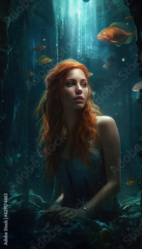Mermaid girl with red hair in the underwater world with fish. Content created with AI