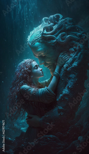 Sculpture of a stone man under water in the arms of a mermaid girl.Created in ai.