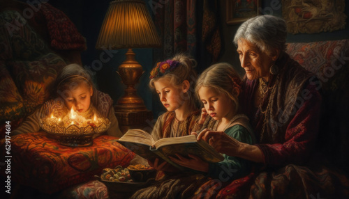 Grandmother reads bedtime stories to her grandchildren. Content created with AI