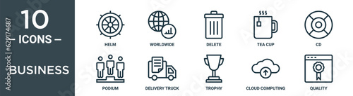 business outline icon set includes thin line helm, worldwide, delete, tea cup, cd, podium, delivery truck icons for report, presentation, diagram, web design