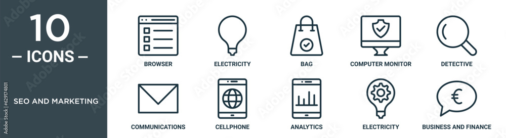 seo and marketing outline icon set includes thin line browser, electricity, bag, computer monitor, detective, communications, cellphone icons for report, presentation, diagram, web design seo and marketing outline icon set includes thin line browser, electricity, bag, computer monitor, detective, communications, cellphone icons for report, presentation, diagram, web design