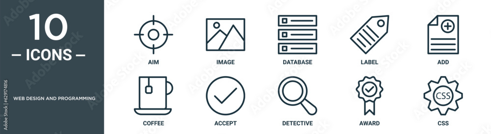web design and programming outline icon set includes thin line aim, image, database, label, add, coffee, accept icons for report, presentation, diagram, web design web design and programming outline icon set includes thin line aim, image, database, label, add, coffee, accept icons for report, presentation, diagram, web design