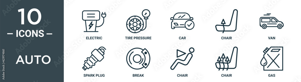 auto outline icon set includes thin line electric, tire pressure, car, chair, van, spark plug, break icons for report, presentation, diagram, web design auto outline icon set includes thin line electric, tire pressure, car, chair, van, spark plug, break icons for report, presentation, diagram, web design