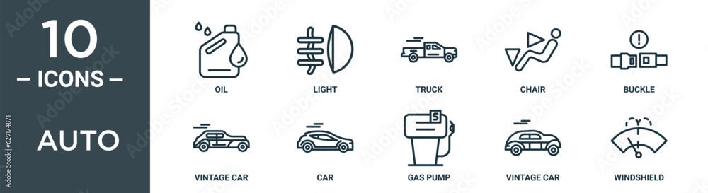 auto outline icon set includes thin line oil, light, truck, chair, buckle, vintage car, car icons for report, presentation, diagram, web design auto outline icon set includes thin line oil, light, truck, chair, buckle, vintage car, car icons for report, presentation, diagram, web design