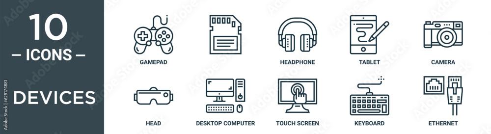 Obraz premium devices outline icon set includes thin line gamepad, , headphone, tablet, camera, head, desktop computer icons for report, presentation, diagram, web design