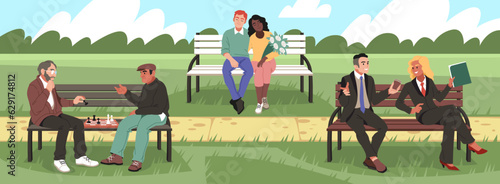 People on benches. Motley audience resting in park, romantic couple, business meeting, chess players, outdoor pastime, wooden seating in park tidy vector cartoon flat isolated concept