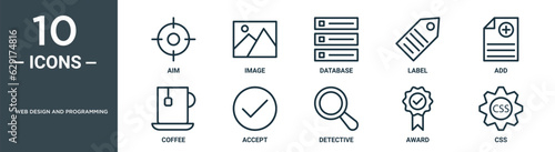 web design and programming outline icon set includes thin line aim, image, database, label, add, coffee, accept icons for report, presentation, diagram, web design