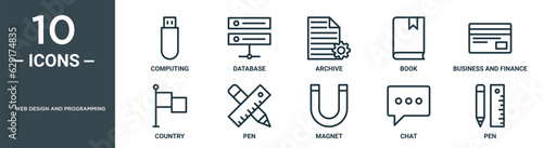 web design and programming outline icon set includes thin line computing, database, archive, book, business and finance, country, pen icons for report, presentation, diagram, web design