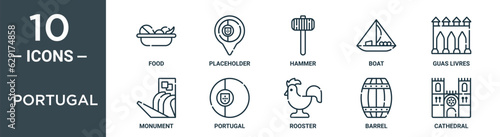 portugal outline icon set includes thin line food, placeholder, hammer, boat, guas livres, monument, portugal icons for report, presentation, diagram, web design