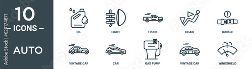 auto outline icon set includes thin line oil, light, truck, chair, buckle, vintage car, car icons for report, presentation, diagram, web design