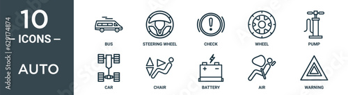 auto outline icon set includes thin line bus, steering wheel, check, wheel, pump, car, chair icons for report, presentation, diagram, web design