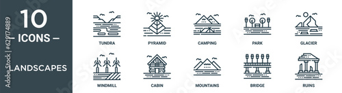 landscapes outline icon set includes thin line tundra, pyramid, camping, park, glacier, windmill, cabin icons for report, presentation, diagram, web design