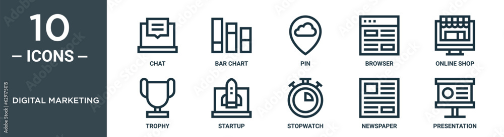 digital marketing outline icon set includes thin line chat, bar chart, pin, browser, online shop, trophy, startup icons for report, presentation, diagram, web design digital marketing outline icon set includes thin line chat, bar chart, pin, browser, online shop, trophy, startup icons for report, presentation, diagram, web design