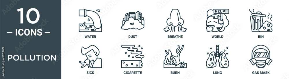 pollution outline icon set includes thin line water, dust, breathe, world, bin, sick, cigarette icons for report, presentation, diagram, web design pollution outline icon set includes thin line water, dust, breathe, world, bin, sick, cigarette icons for report, presentation, diagram, web design