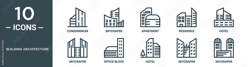 building architecture outline icon set includes thin line condominium, skycraper, apartment, residence, hotel, skycraper, office block icons for report, presentation, diagram, web design building architecture outline icon set includes thin line condominium, skycraper, apartment, residence, hotel, skycraper, office block icons for report, presentation, diagram, web design
