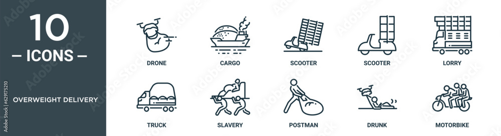 overweight delivery outline icon set includes thin line drone, cargo, scooter, scooter, lorry, truck, slavery icons for report, presentation, diagram, web design overweight delivery outline icon set includes thin line drone, cargo, scooter, scooter, lorry, truck, slavery icons for report, presentation, diagram, web design