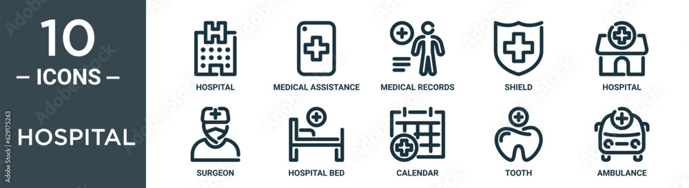 hospital outline icon set includes thin line hospital, medical assistance, medical records, shield, hospital, surgeon, bed icons for report, presentation, diagram, web design hospital outline icon set includes thin line hospital, medical assistance, medical records, shield, hospital, surgeon, bed icons for report, presentation, diagram, web design
