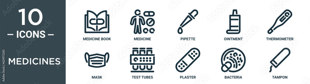 medicines outline icon set includes thin line medicine book, medicine, pipette, ointment, thermometer, mask, test tubes icons for report, presentation, diagram, web design medicines outline icon set includes thin line medicine book, medicine, pipette, ointment, thermometer, mask, test tubes icons for report, presentation, diagram, web design
