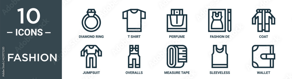 fashion outline icon set includes thin line diamond ring, t shirt, perfume, fashion de, coat, jumpsuit, overalls icons for report, presentation, diagram, web design fashion outline icon set includes thin line diamond ring, t shirt, perfume, fashion de, coat, jumpsuit, overalls icons for report, presentation, diagram, web design