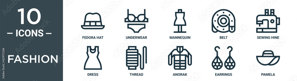 fashion outline icon set includes thin line fedora hat, underwear, mannequin, belt, sewing hine, dress, thread icons for report, presentation, diagram, web design fashion outline icon set includes thin line fedora hat, underwear, mannequin, belt, sewing hine, dress, thread icons for report, presentation, diagram, web design