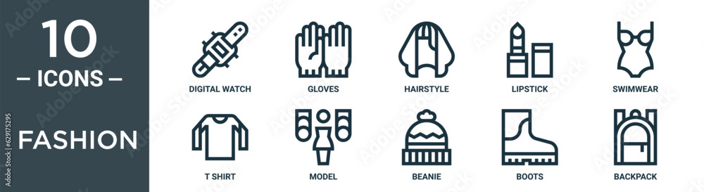 fashion outline icon set includes thin line digital watch, gloves, hairstyle, lipstick, swimwear, t shirt, model icons for report, presentation, diagram, web design fashion outline icon set includes thin line digital watch, gloves, hairstyle, lipstick, swimwear, t shirt, model icons for report, presentation, diagram, web design
