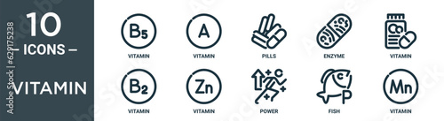 vitamin outline icon set includes thin line vitamin, vitamin, pills, enzyme, icons for report, presentation, diagram, web design