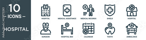 hospital outline icon set includes thin line hospital, medical assistance, medical records, shield, hospital, surgeon, bed icons for report, presentation, diagram, web design