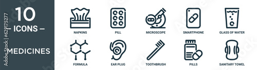 medicines outline icon set includes thin line napkins, pill, microscope, smartphone, glass of water, formula, ear plug icons for report, presentation, diagram, web design