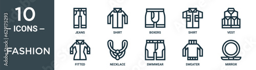 fashion outline icon set includes thin line jeans, shirt, boxers, shirt, vest, fitted, necklace icons for report, presentation, diagram, web design