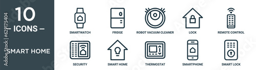 smart home outline icon set includes thin line smartwatch, fridge, robot vacuum cleaner, lock, remote control, security, smart home icons for report, presentation, diagram, web design
