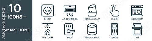 smart home outline icon set includes thin line socket, air conditioner, home assistant, finger, dishwasher, fire alarm, door icons for report, presentation, diagram, web design