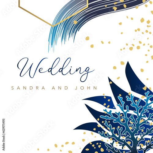 Carte d’invitation pour un mariage, élégante, graphique sur le thème de l’océan, bleu et or sur un fond blanc.