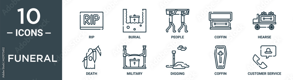 funeral outline icon set includes thin line rip, burial, people, coffin, hearse, death, military icons for report, presentation, diagram, web design