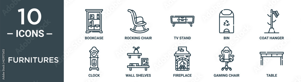 furnitures outline icon set includes thin line bookcase, rocking chair, tv stand, bin, coat hanger, clock, wall shelves icons for report, presentation, diagram, web design furnitures outline icon set includes thin line bookcase, rocking chair, tv stand, bin, coat hanger, clock, wall shelves icons for report, presentation, diagram, web design