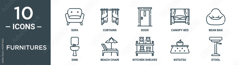 furnitures outline icon set includes thin line sofa, curtains, door, canopy bed, bean bag, sink, beach chair icons for report, presentation, diagram, web design furnitures outline icon set includes thin line sofa, curtains, door, canopy bed, bean bag, sink, beach chair icons for report, presentation, diagram, web design