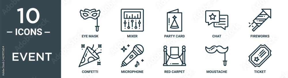 Obraz premium event outline icon set includes thin line eye mask, mixer, party card, chat, fireworks, confetti, microphone icons for report, presentation, diagram, web design