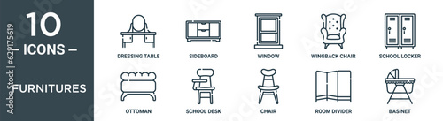 furnitures outline icon set includes thin line dressing table, sideboard, window, wingback chair, school locker, ottoman, school desk icons for report, presentation, diagram, web design