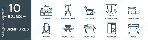 furnitures outline icon set includes thin line kitchen, windsor chair, recliner, ceiling lamp, trundle bed, mirror, picnic table icons for report, presentation, diagram, web design