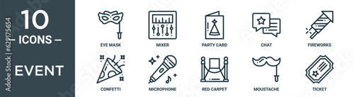 event outline icon set includes thin line eye mask, mixer, party card, chat, fireworks, confetti, microphone icons for report, presentation, diagram, web design