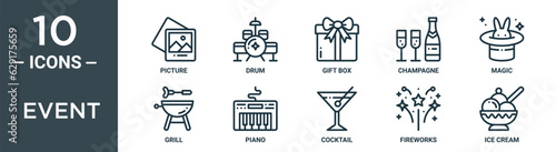 event outline icon set includes thin line picture, drum, gift box, champagne, magic, grill, piano icons for report, presentation, diagram, web design