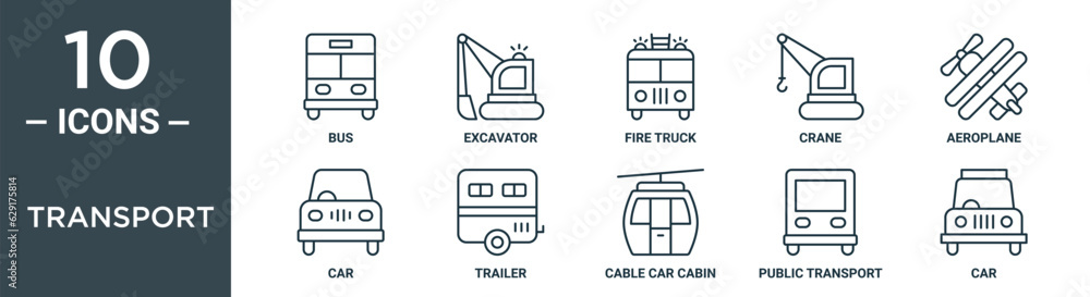 transport outline icon set includes thin line bus, excavator, fire ...