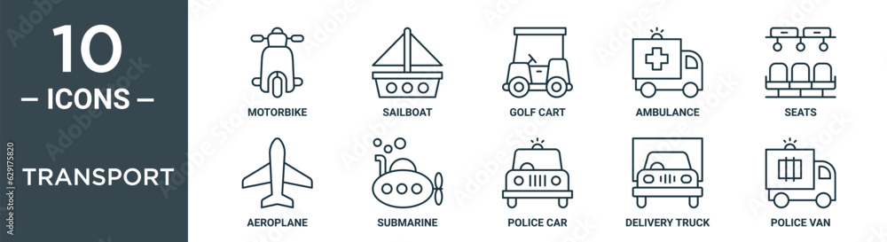 transport outline icon set includes thin line motorbike, sailboat, golf cart, ambulance, seats, aeroplane, submarine icons for report, presentation, diagram, web design transport outline icon set includes thin line motorbike, sailboat, golf cart, ambulance, seats, aeroplane, submarine icons for report, presentation, diagram, web design