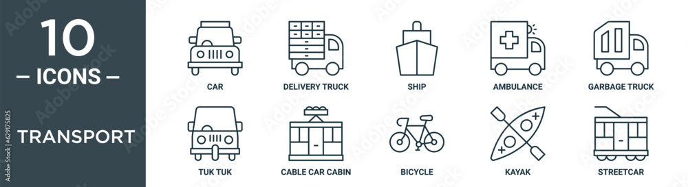 transport outline icon set includes thin line car, delivery truck, ship, ambulance, garbage truck, tuk tuk, cable car cabin icons for report, presentation, diagram, web design transport outline icon set includes thin line car, delivery truck, ship, ambulance, garbage truck, tuk tuk, cable car cabin icons for report, presentation, diagram, web design