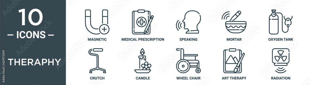 theraphy outline icon set includes thin line magnetic, medical prescription, speaking, mortar, oxygen tank, crutch, candle icons for report, presentation, diagram, web design