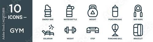 gym outline icon set includes thin line energy bar, water bottle, weight, punching bag, skip rope, solarium, weight icons for report, presentation, diagram, web design