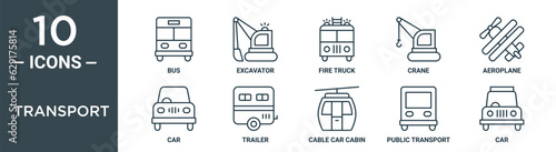transport outline icon set includes thin line bus, excavator, fire truck, crane, aeroplane, car, trailer icons for report, presentation, diagram, web design