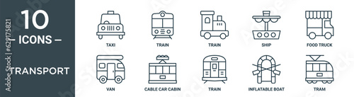 transport outline icon set includes thin line taxi, train, train, ship, food truck, van, cable car cabin icons for report, presentation, diagram, web design