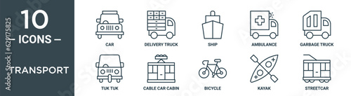 transport outline icon set includes thin line car, delivery truck, ship, ambulance, garbage truck, tuk tuk, cable car cabin icons for report, presentation, diagram, web design