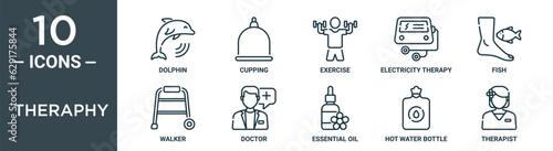 theraphy outline icon set includes thin line dolphin, cupping, exercise, electricity therapy, fish, walker, doctor icons for report, presentation, diagram, web design