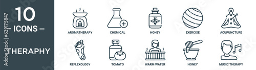 theraphy outline icon set includes thin line aromatherapy, chemical, honey, exercise, acupuncture, reflexology, tomato icons for report, presentation, diagram, web design